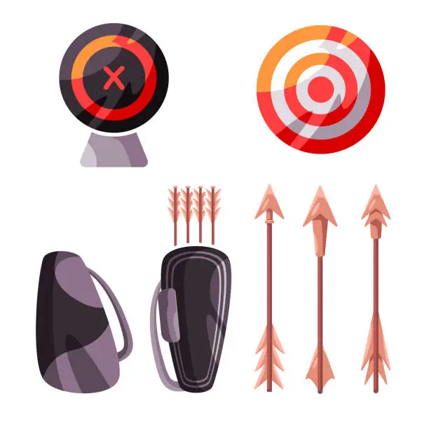Vector illustration of target and wood arrows bag hunting shoot weapon traditional kill warrior dangerous