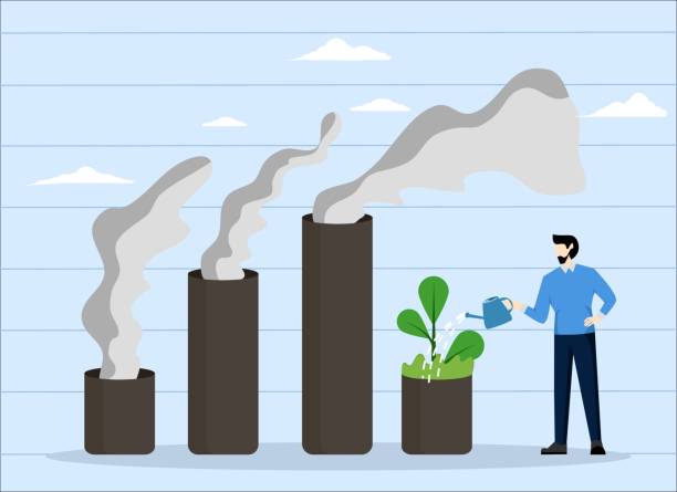 ESG concept or ecological problem, Climate crisis and environmental policy, doing environmental improvement, Businessman leader watering seeds on bar graph with increasing pollution smoke ESG concept or ecological problem, Climate crisis and environmental policy, doing environmental improvement, Businessman leader watering seeds on bar graph with increasing pollution smoke persistent organic pollutants stock illustrations