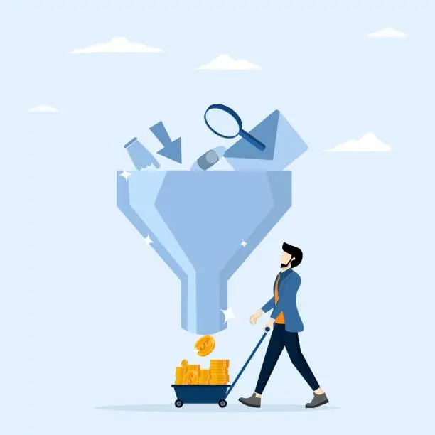 Vector illustration of flow of customer awareness, click and buy product on e-commerce website, sales funnel or online marketing conversion rate, businessman holding shopping cart with money coins from sales funnel.