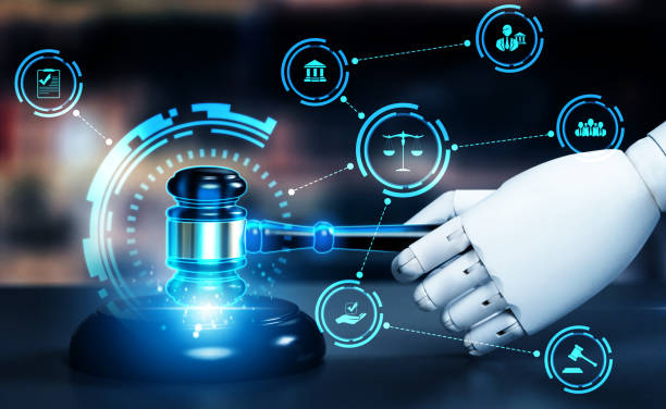 AI related law concept shown by astute robot hand using lawyer working tools stock photo