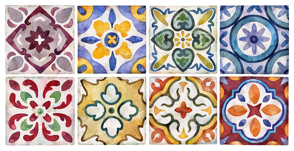 Watercolor ceramic eight tiles collection. Square vintage hand-drawn ornament.