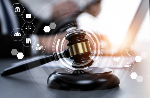Smart law, legal advice icons and astute lawyer working tools in lawyers office stock photo
