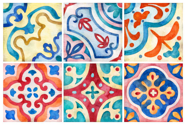 Watercolor ceramic tiles collection. Square vintage hand-drawn ornament.