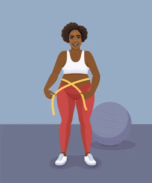 Vector illustration of Fat young woman measuring her waist. Beautiful African American Woman.