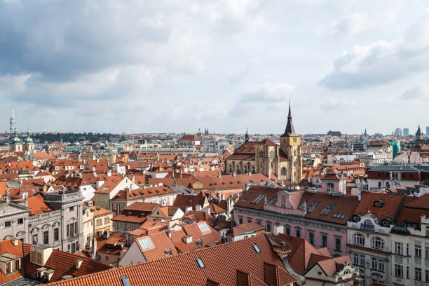 Aerial panoramic view of Prague against a cloudy sky.