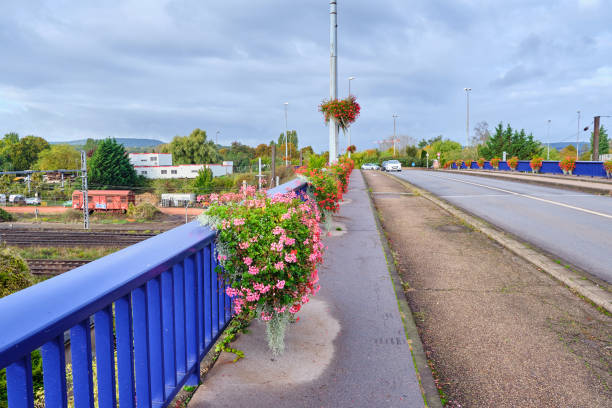 bridge road over railway with footpath. Bridge with flowers. Blue railing on the bridge. A new beautiful bridge