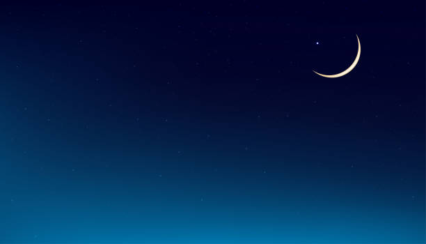 istock Eid al Adha Mubarak card,Crescent Moon on Blue Twilight Sky in Evening,Horizon Sunset after sundown,Dusk sky with copy space,Vector banner Symbol Islamic Religion for Eid al fitr, Ramadan Kareem 1491438093