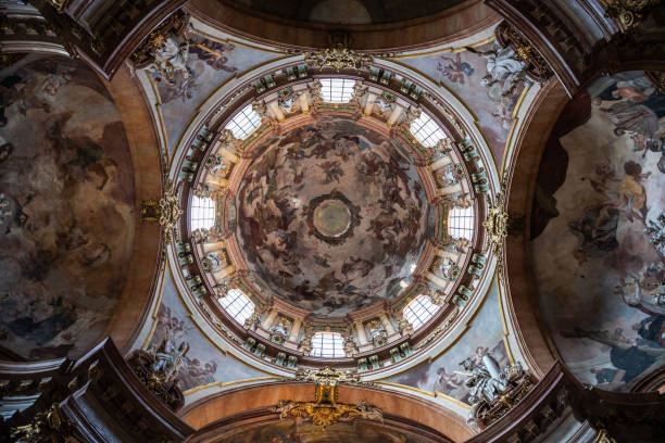 Inside view of the dome of St. Nicholas Church in Prague, Czech Republic, a Baroque masterpiece completed in 1752.