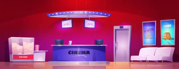 Vector illustration of Cinema interior cartoon background, ticker counter