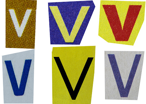 Letter v magazine cut out font, ransom letter, isolated collage elements for text alphabet, ransom note, hand made and cut from Old newspaper magazine cutouts, high quality scan.