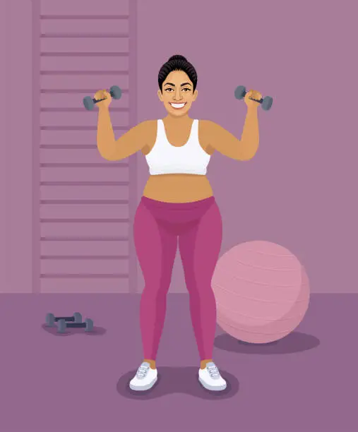 Vector illustration of Fitness fat Indian Woman working out with dumbbells.