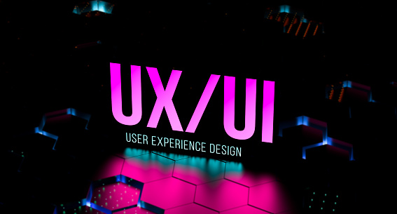 UX UI USER EXPERIENCE DESIGN neon text, blur banner. UX UI concept. 3D render