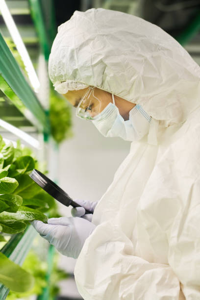istock Side view of young female scientist in protective coiveralls 1491442567