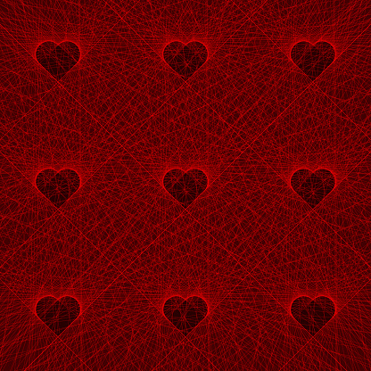 Multiple heart shape outlines in grid pattern made up of thin tangential red lines. Copy space.