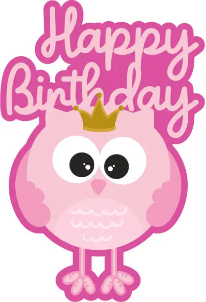 Vector illustration of Happy Birthday pink owl sticker