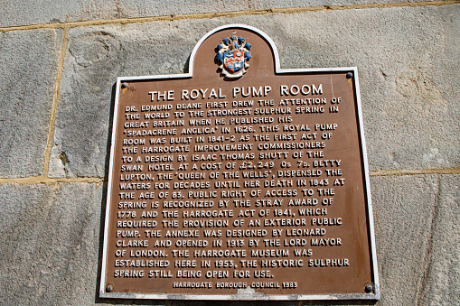 05/09/2023 UK  Harrogate North Yorkshire UK \nmemorial plague on the wall of The Royal Pump Room