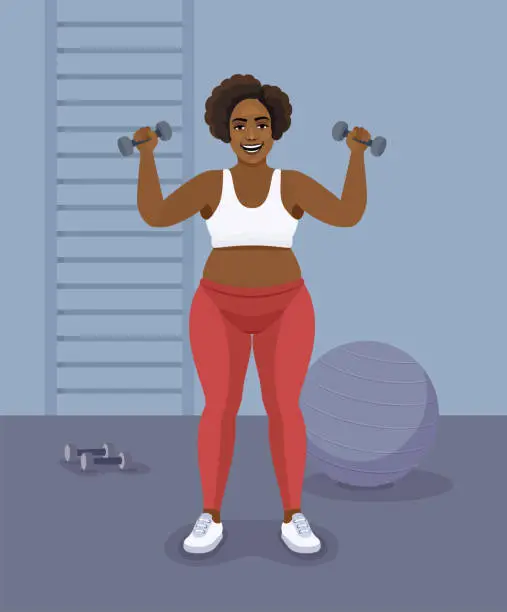 Vector illustration of Fitness fat African American Woman working out with dumbbells.