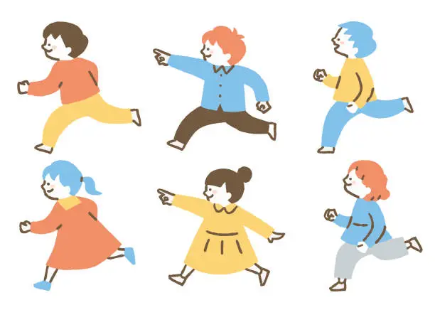 Vector illustration of Young children running and playing _ set _ color