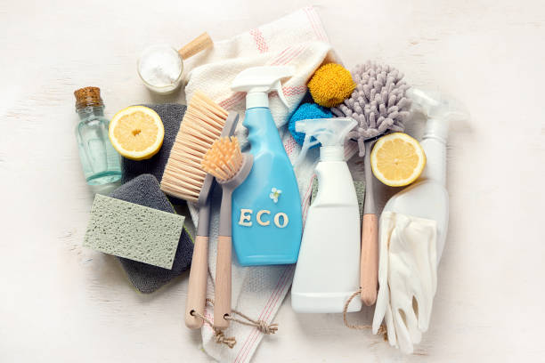 istock Eco brushes and cleaning products on light background.  Eco Cleaner concept. 1491446340