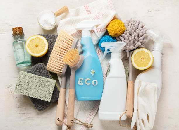 istock Eco brushes and cleaning products on light background.  Eco Cleaner concept. 1491446937