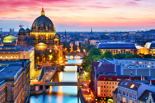 Berlin skyline with Berlin Cathedral (Berliner Dom) and Spree river at sunset, Germany