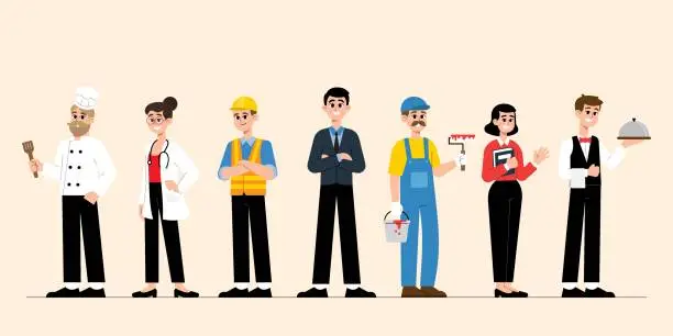 Vector illustration of set of vector illustrations men and women workers from different professions wearing professional uniforms.happy labor day concept.