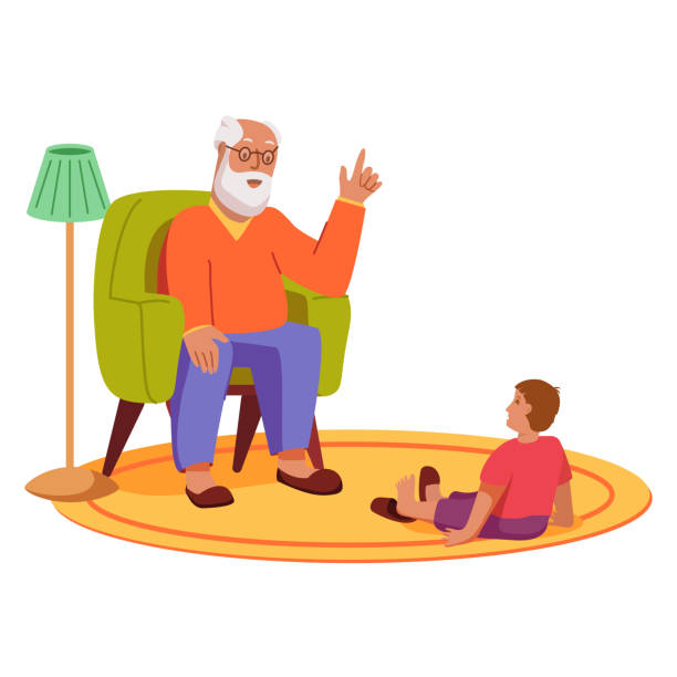 孫と一緒に座っている祖父。幸せな家族のキャラクター。 - 孫点のイラスト素材／クリップアート素材／マンガ素材／アイコン素材