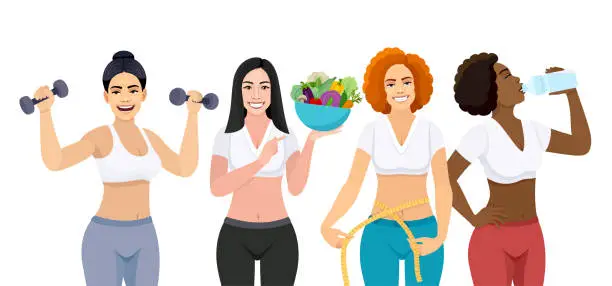 Vector illustration of Multi-ethnic group of beautiful women promoting healthy lifestyle.