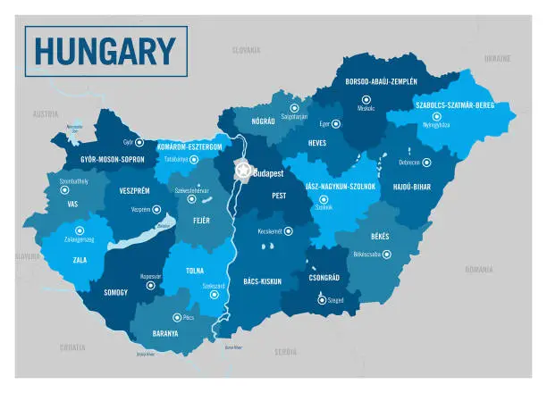 Vector illustration of Hungary country political map. Europe. Detailed vector illustration with isolated provinces, departments, regions, cities and states easy to ungroup.