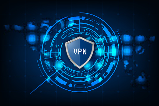 Vector virtual private network. Shield with vpn and world map. Security cyber shield concept.
