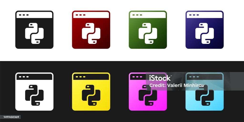 Set Python Programming Language Icon Isolated On Black And White ...