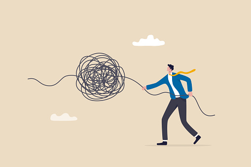 Unravel tangle problem, solving difficult knot chaos or messy issue, complicated or complex problem difficulty, confusion or business trouble concept, businessman manager unravel tangled rope.