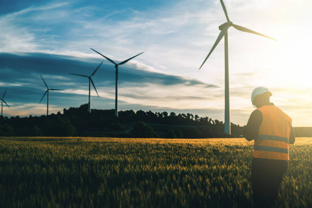 istock Engineer working at alternative renewable wind energy farm - Sustainable friendly industry concept 1491450404