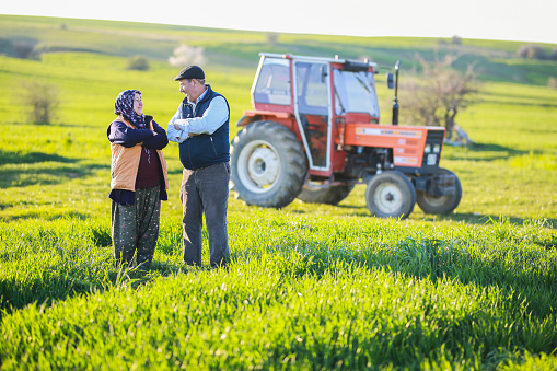 senior farmer woman and senior farmer man are chatting in front of tractor in farmland
