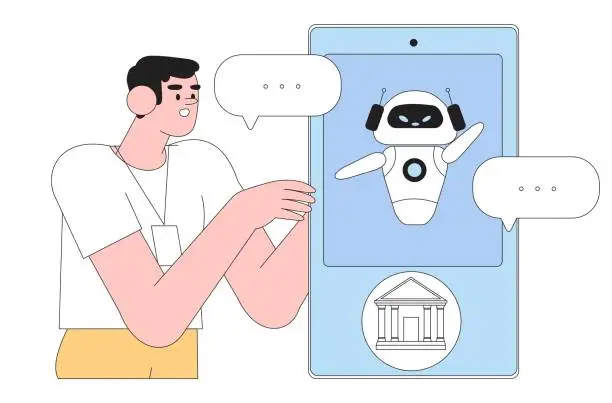 Vector illustration of Online banking service concept. Male character talk to chat bot or bank application support online on smartphone. AI help or software