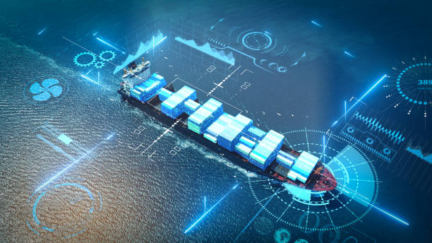 tecnología de ia. logística global concepto de entrega internacional, mapa mundial logística y red de cadena de suministro contenedor de distribución barco en funcionamiento para la exportación importación a aduanas tecnología de concepto cean - cargo container container ship freight transportation transportation fotografías e imágenes de stock