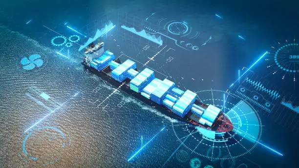 Photo of AI technology. Global Logistics international delivery concept, World map logistic and supply chain network distribution container Ship running for export import to customs cean concept technology