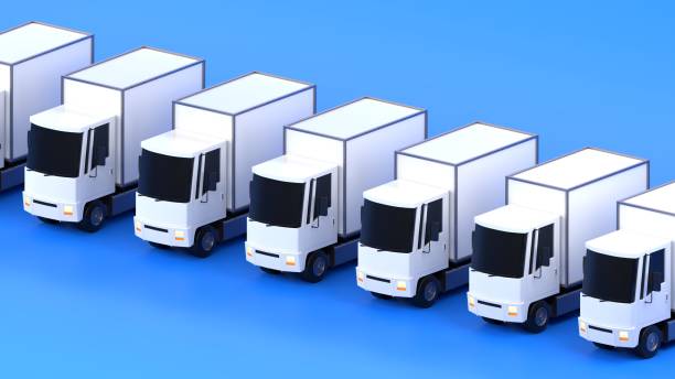 istock Row of box trucks on a blue background 1491453265