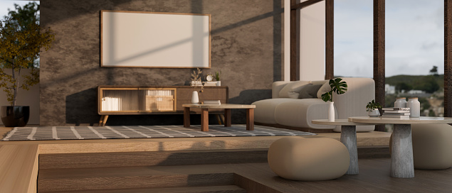 Modern contemporary and cozy living room with sunken space interior design, sofa, coffee table, cabinet, and blank frame on black loft wall. 3d render, 3d illustration