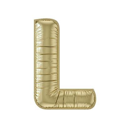 Letter L balloon gold colored foil uppercase on white background, 3d render.