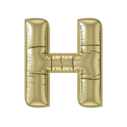 Letter H balloon gold colored foil uppercase on white background, 3d render.