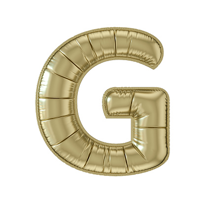 Letter G balloon gold colored foil uppercase on white background, 3d render.