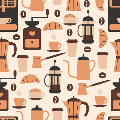 Trendy food and drink endless background with cup, coffee maker, machine, grinder, beans. Flat style vector illustration for kitchen, restaurant, cafe, eatery