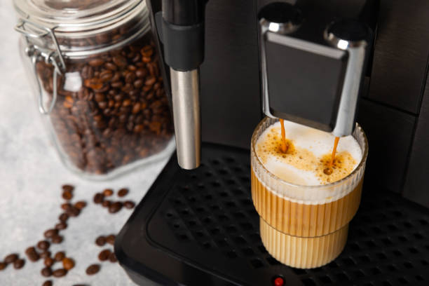 istock Modern espresso coffee machine with a cup in the interior of the kitchen. Machine for making fresh coffee.close-up. Coffee house concept. Place for text. Place to copy. 1491455039