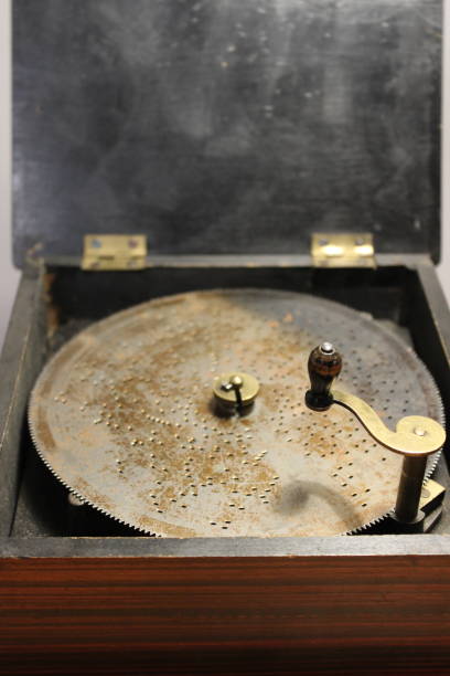 istock Old wooden musical box with crank and metal disk 1491455228
