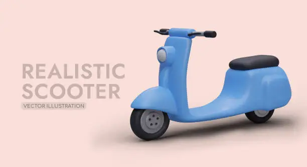 Vector illustration of Realistic colored scooter awaits its owner. Poster with 3D figure and text