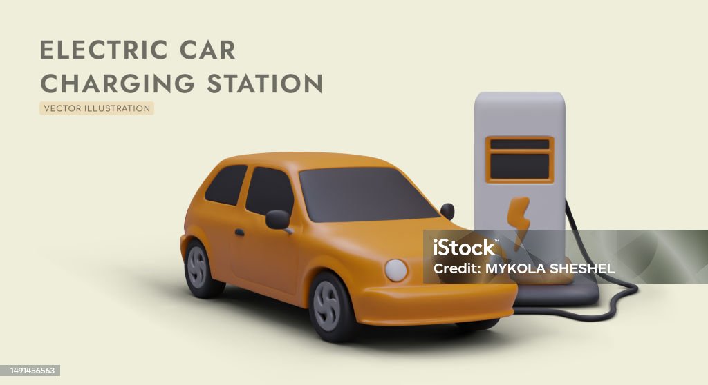 Mobil Listrik Kuning Terhubung Ke Stasiun Pengisian Proses Pengisian