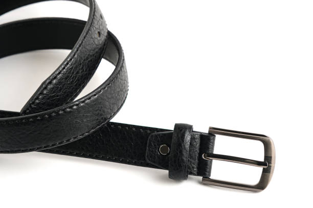 istock Black leather men belt with metal plaque white background, isolate. 1491456914