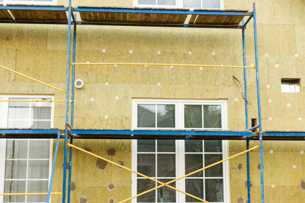 istock House insulation concept. Facade insulation with mineral wool, thermal improvement and energy saving. Modern farmhouse renovation, scaffolding platform and stone wool panels 1491459343