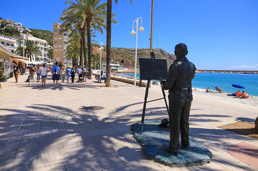 Javea, Alicante, Spain- May 16, 2023: Joaquin Sorolla sculpture by Javier de Benito Sanchez artist, in the promenade of Javea